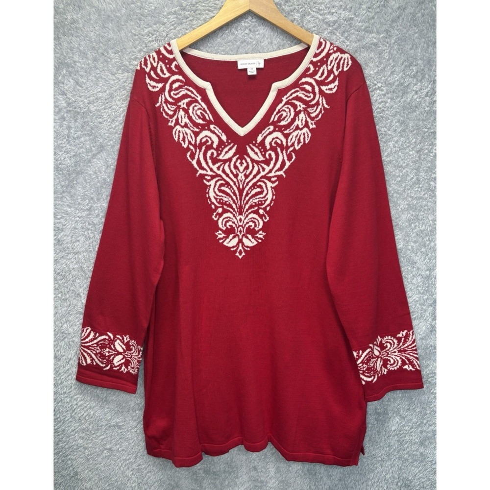 Susan Graver Women's 2X Red Ivory Cotton Blend Tunic Sweater V Neck Scroll Knit